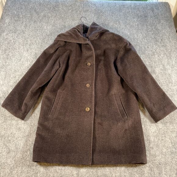 Jones New York Brown Wool Angora Coat Hooded Front Buttons Size 12P - Picture 2 of 11